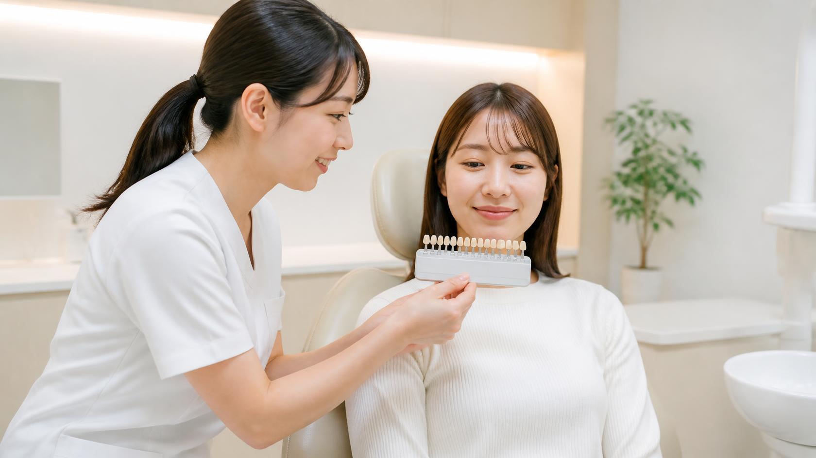 歯の色見本で色を確認する歯科衛生士