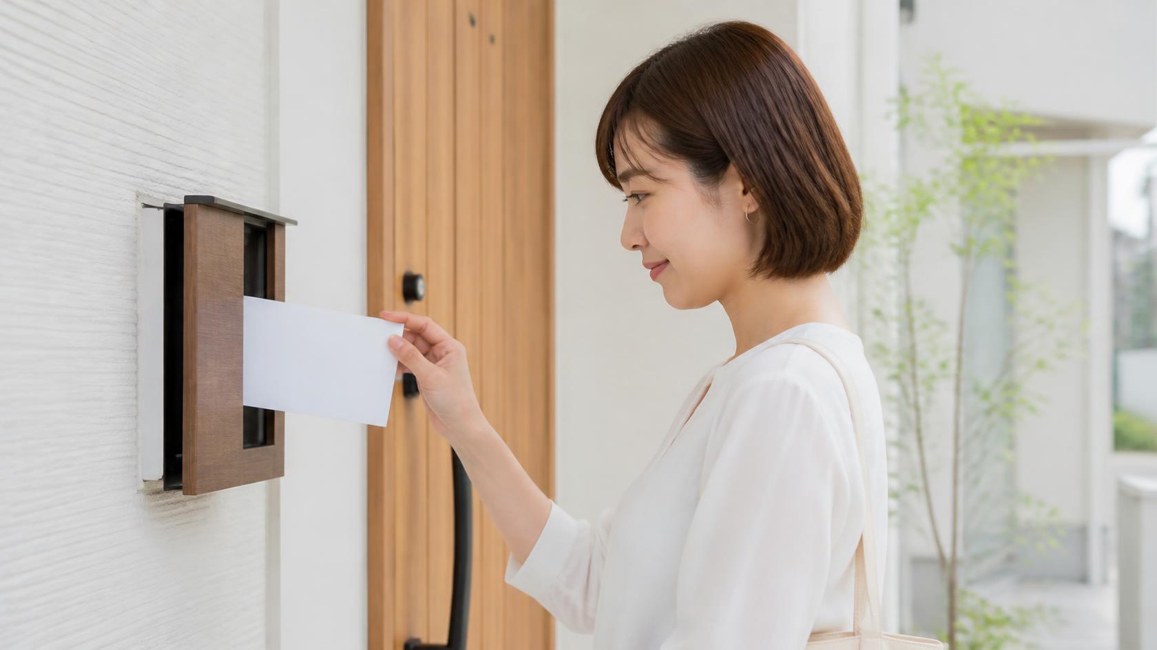 郵便受けから封筒を取り出す女性