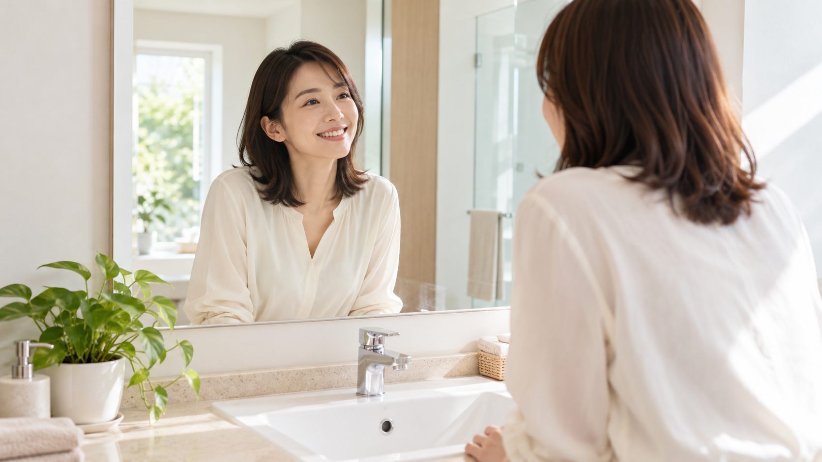 鏡で笑顔を確認する女性