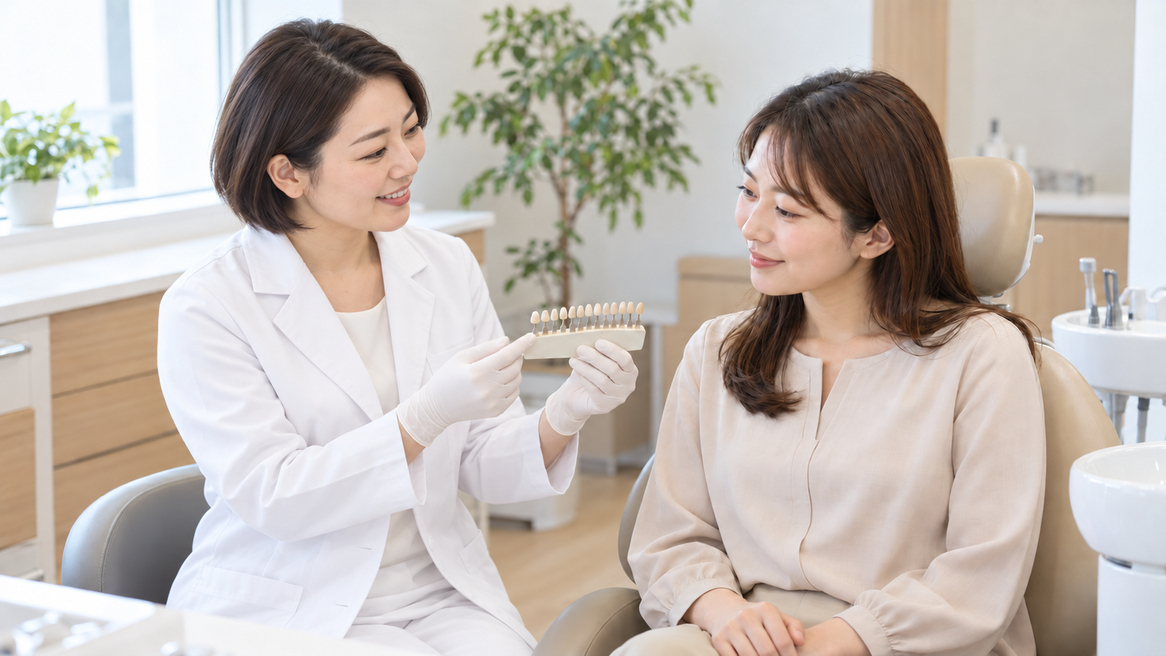 歯の色見本を見せて説明する歯科医師