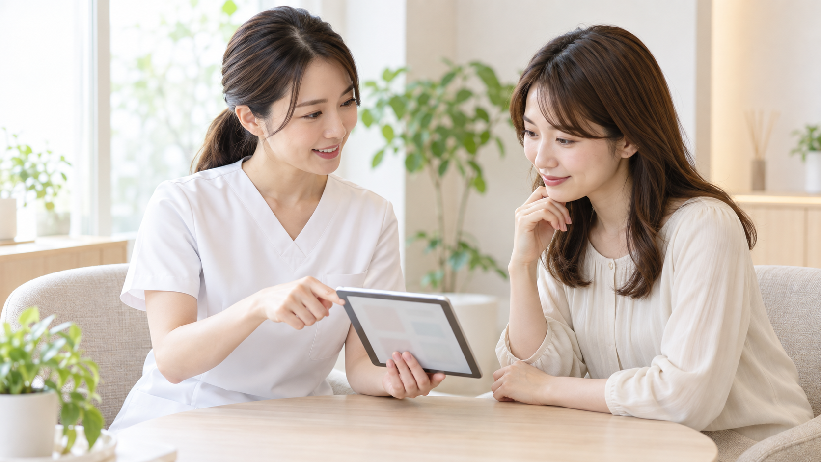 タブレットで説明を受けるカウンセリングの様子