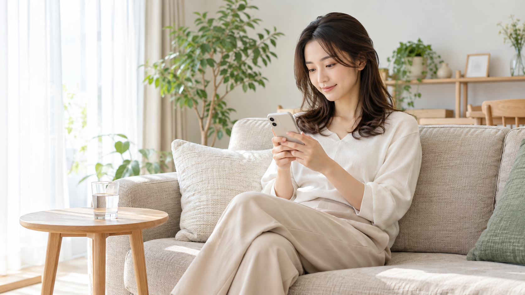 自宅でスマートフォンを見る女性