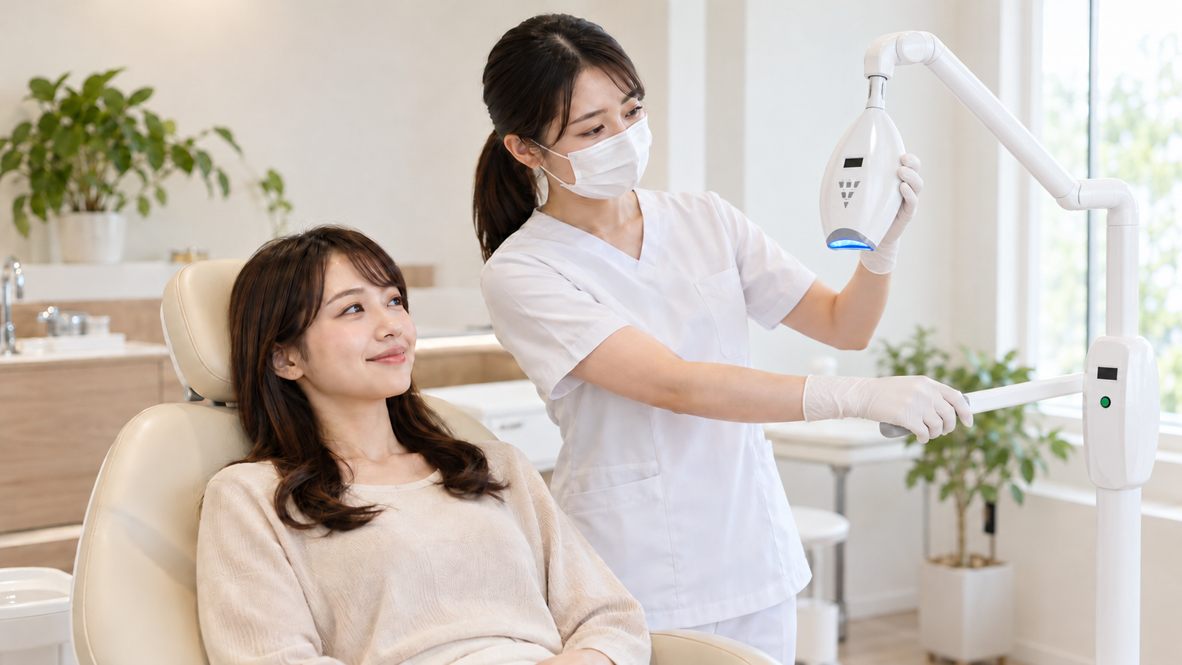ホワイトニングのライトを準備する歯科スタッフと女性