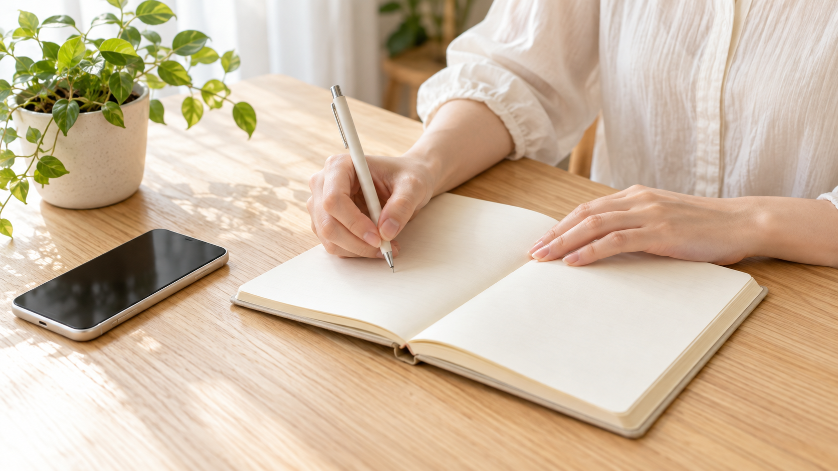 ノートに書き込む女性の手