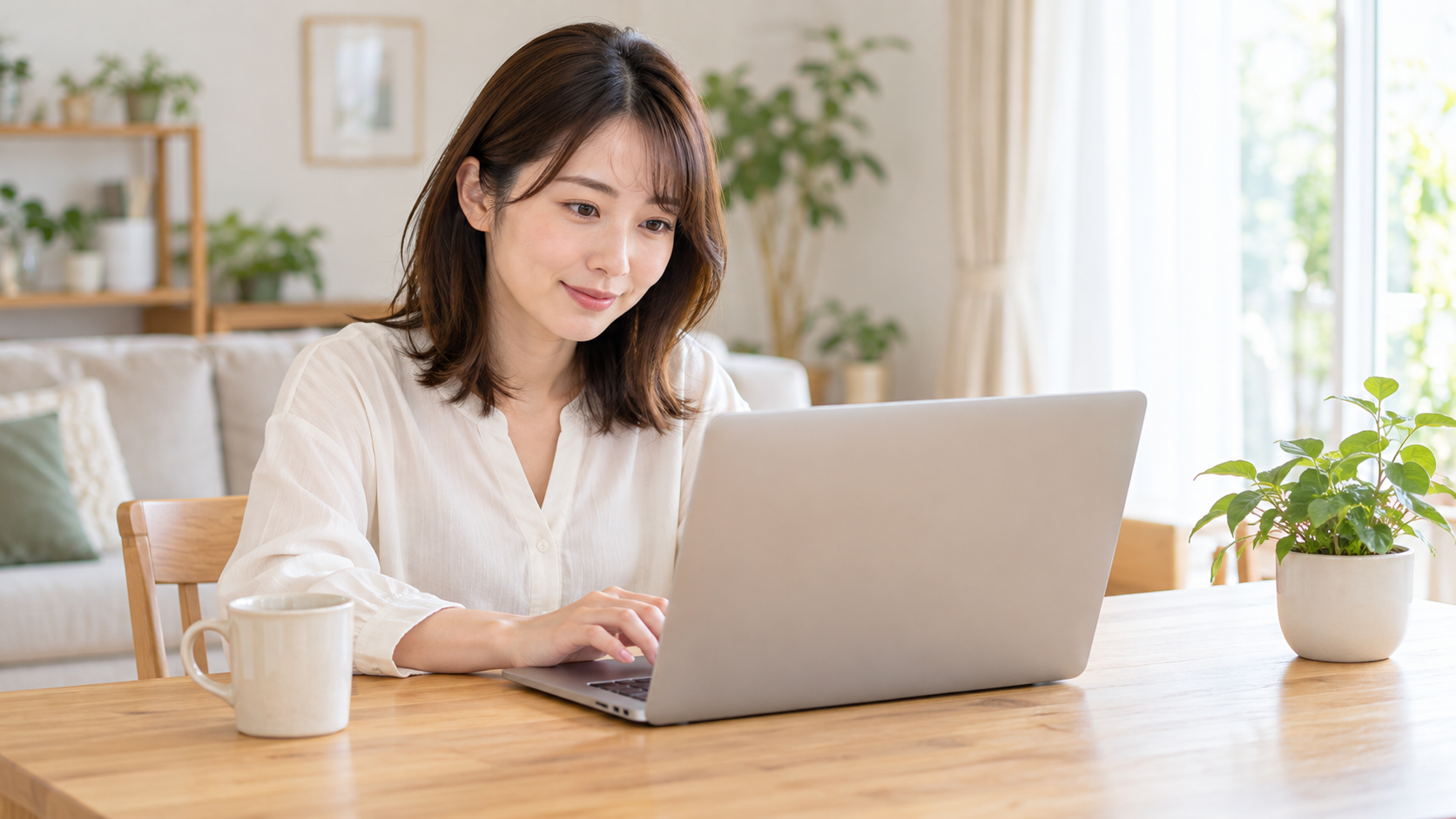 ノートパソコンで調べものをする女性